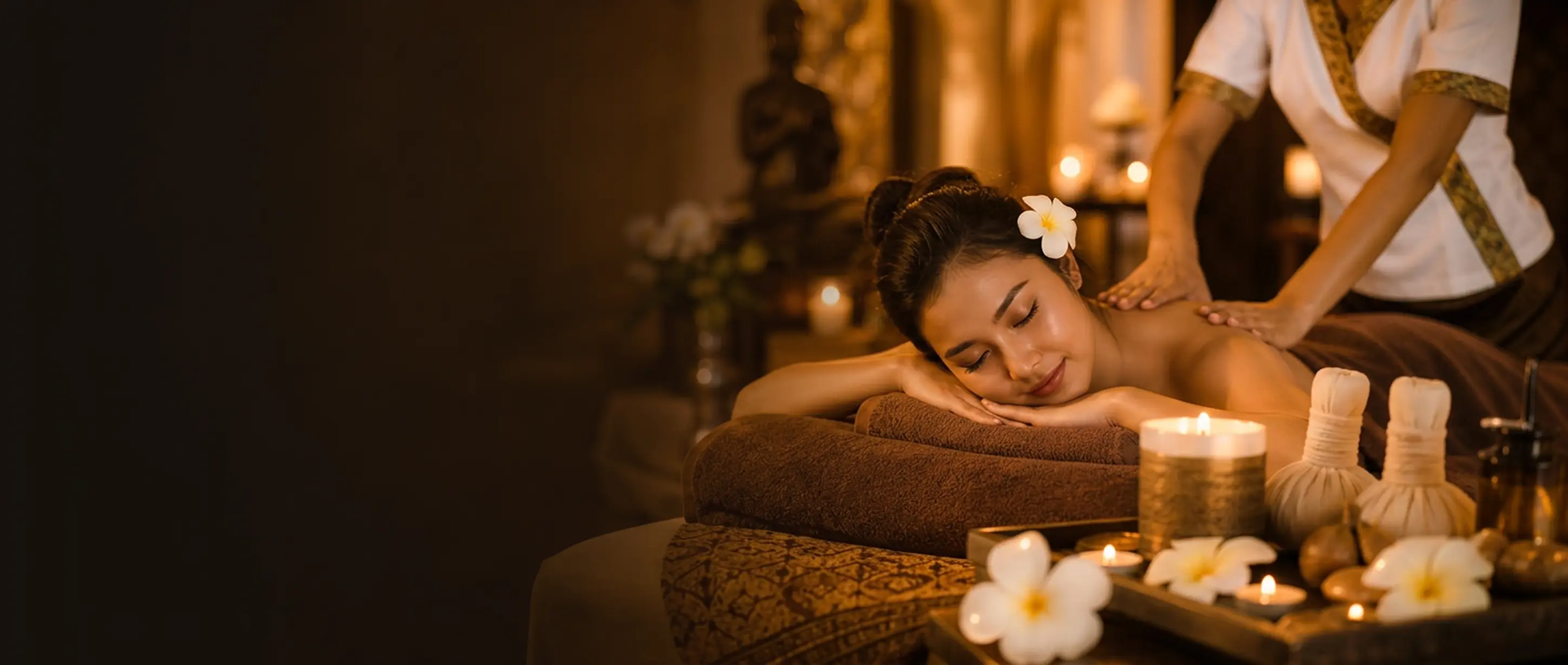 Warm luxury Thai spa massage setting with candlelight